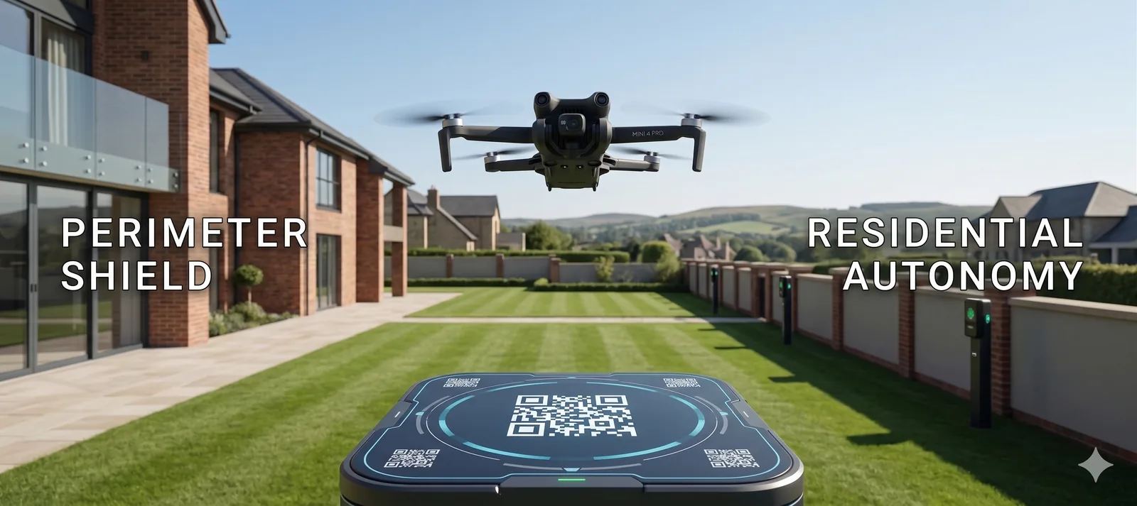 Drone taking off from a wireless charging pad while patrolling a residential property
